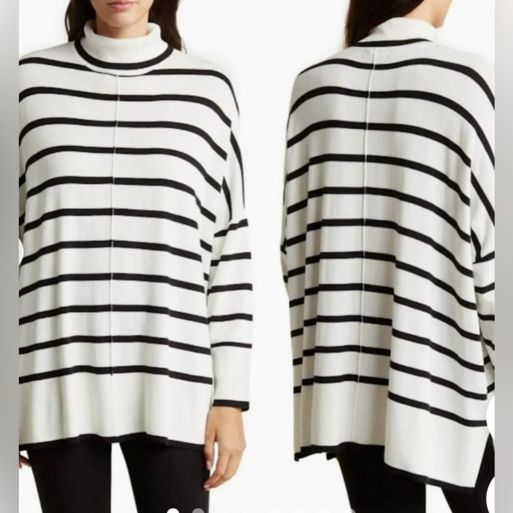 🎉HP🎉New $89 Adrianna Papell White Black Stripe Turtleneck Sweater Size M